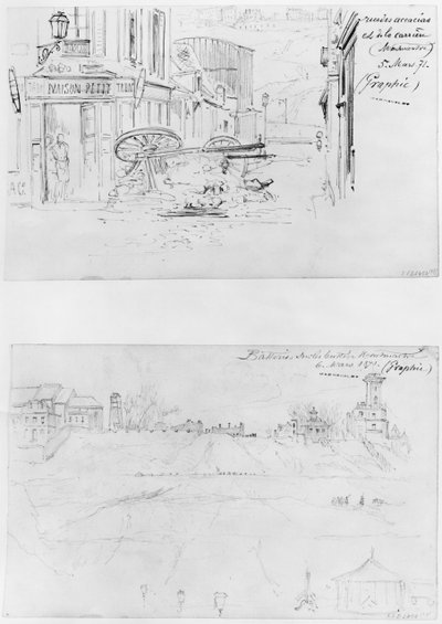 Album av belägringen av Paris, Rue des Acacias et rue de la Carriere 5 mars 1871, batterier på Buttes Montmartre 6 mars 1871 (penna och brunt bläck tvätt och penna på papper) av Gustave Dore