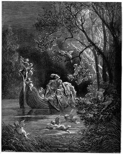 Alcina och Ruggiero som glada älskare ute och fiskar av Gustave Dore