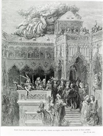 Hela deras liv anställdes inte av lagar, stadgar eller regler, utan enligt deras vilja och uppriktiga vilja, efter Gargantua (1534) av François Rabelais (1483 - 1553). Graverad av Gustave Dore (1832-1883). av Gustave Dore