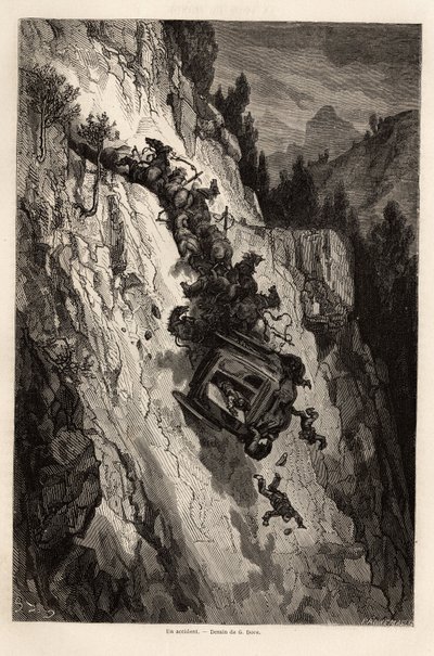 En olycka av flit, teckning av Gustave Dore (1832-1883), för att illustrera hans resa till Spanien, med C. Davillier, 1862. Gravyr i "" Le tour du monde "", redigerad av Edouard Charton av Gustave Dore