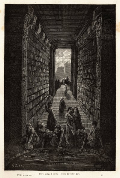 En antik cistern, fortfarande i bruk, i Merida. Gravyr för att illustrera resan till Spanien av Gustave Dore (1832-1883) illustratör och baron Ch. Davillier reaktor, 1862, publicerad i "Le tour du monde, nouveau journal des voyages", under ledning av av Gustave Dore