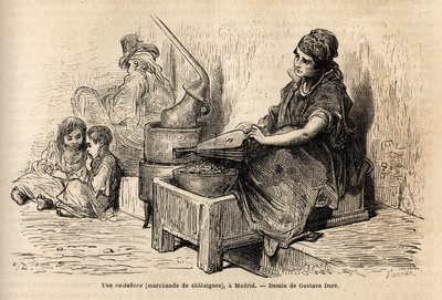 En kastanjehandlare utomhus, med sin bärbara ugn, skissar på det levande i puerta del sol, i Madrid. Gravyr av Gustave Dore (1832-1883) för att illustrera hans resa till Spanien, med Ch. Davillier (redaktör), 1862, publicerad i "" Le tour du monde""" 18 av Gustave Dore