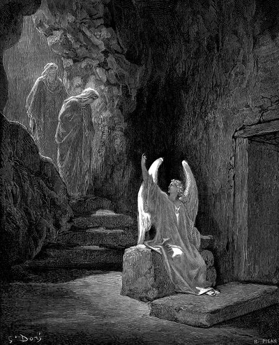 Ängel som visar Maria Magdalena och den andra Maria Kristi tomma grav, 1865-1866 av Gustave Dore