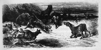 Djur som är sjuka av pesten. Fabler av Jean de La Fontaine (1621-95). Illustration av Gustave Dore. av Gustave Dore