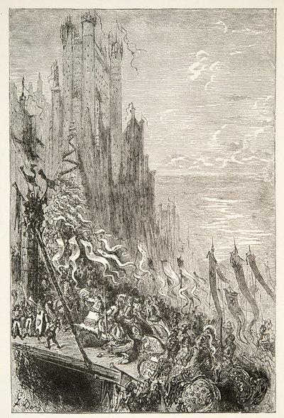 At the City of the Countess of the Fountain, från Stories of the Days of King Arthur av Charles Henry Hanson, pub.1898 av Gustave Dore