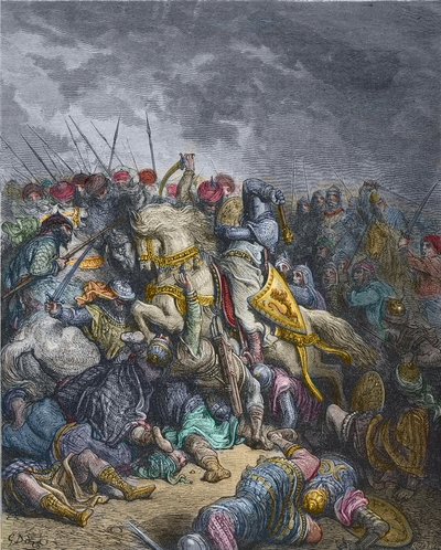 Slaget vid Arsur - Richard I Lejonhjärta (1157-1199), kung av England som deltar i det 3:e korståget - Richard Lejonhjärta i slaget vid Arsuf (1191), Tredje korståget, gravyr av Gustave Dore - från History of the Crusades av Joseph -Francois Michaud av Gustave Dore