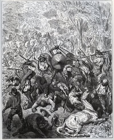 Strid mot mulmakare - Yangois använde sina klubbor - från "Don Quixote de la Mancha" av Miguel Cervantes (1547-1616) (Don Quijote) - Träsnitt efter teckning av Gustave Dore av Gustave Dore