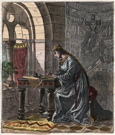Bertrade av Montfort (1070-1117) Drottning av Frankrike (hustru till Filip I, kung av Frankrike) i Fontevrault - Gravyr av Gustave Dore från 1800-talet i "" National History Illustred of France from the Most Retreated Times to the Today" 1876 - Privata Col av Gustave Dore