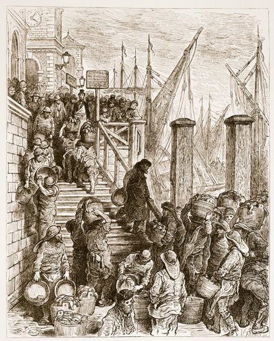 Billingsgate, Landing the Fish, från "London, a Pilgrimage", skriven av William Blanchard Jerrold (1826-94) och graverad av Hildibrand, pub. 1872 av Gustave Dore