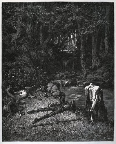 Bivack i skogen - Överlevda av platsens skönhet, bestämde de sig för att tillbringa timmarna av tupplur där - från "" Don Quixote de la Mancha"" av Miguel Cervantes (1547-1616) (Don Quijote) - Träsnitt efter teckning av Gustave Dore av Gustave Dore