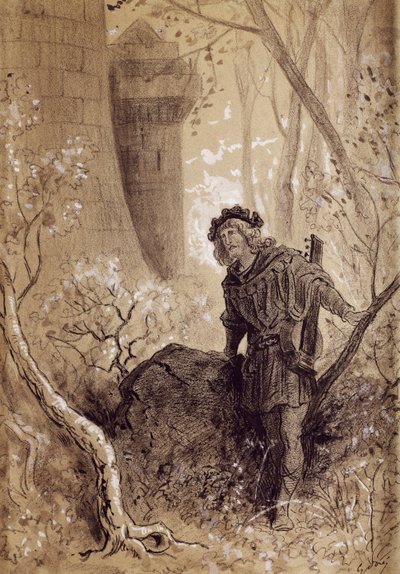 Blondel som hör rösten av Richard Lejonhjärta, illustration för Gargantua och Pantagruel av Francois Rabelais (1483-1494 - 1553), gravyr av Gustave Dore (1832-1883) av Gustave Dore