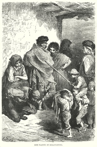 Pojkar som leker tjurfäktning (gravyr) av Gustave Dore