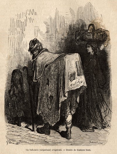 Buhonero, aragonisk handlare. Teckning av Gustave Dore (1832-1883). Gravyr för att illustrera resan i Spanien, av Charles Davillier, 1862, publicerad i "" Le tour du monde""" 1872, redigerad av Edouard Charton, Hachette-upplagan, Paris. Selva samling. av Gustave Dore