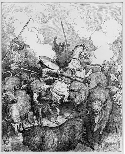 Tjurkamp, ur "Don Quijote de la Mancha" av Miguel Cervantes, graverad av Heliodore Joseph Pisan, ca 1875 av Gustave Dore