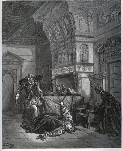 Camille fintar självmord framför Lothaire och Leonella - från "Don Quixote de la Mancha" av Miguel Cervantes (1547-1616) (Don Quijote) - Träsnitt efter teckning av Gustave Dore av Gustave Dore