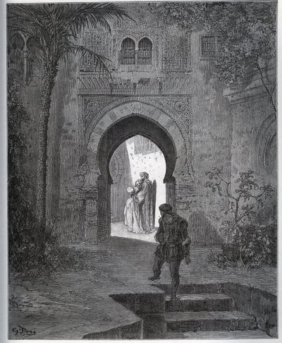 Fången berättelse. Fångens första möte med Zoraide i faderns trädgård, som tar henne tillbaka efter sin sjukdomsfinta från "Don Quixote de la Mancha" av Miguel Cervantes av Gustave Dore