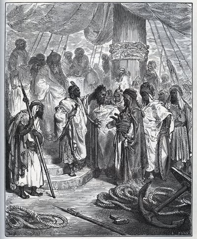 Fången berättelse. Pagano Dorias huvud skuret av araberna - Araberna skar hans huvud och bar det till generalen för den turkiska flottan - från "Don Quixote de la Mancha"" av Miguel Cervantes (1547-1616) (Don Quijote) - Träsnitt efter teckning av Gustave D av Gustave Dore
