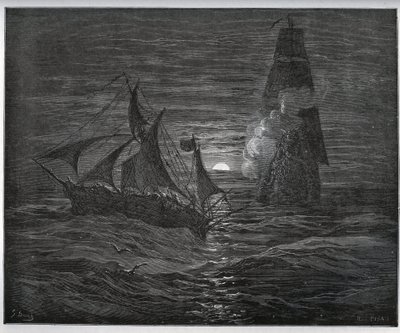 Fången berättelse. Den spanska flyktbåten attackeras av ett franskt skepp från "" Don Quixote de la Mancha"" av Miguel Cervantes (1547-1616) (Don Quijote) - Träsnitt efter teckning av Gustave Dore av Gustave Dore