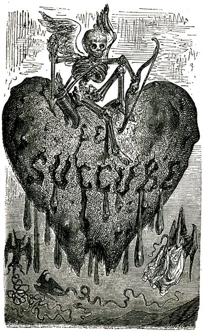 Kapitelhuvudillustration av Gustave Dore för Drolatiska berättelser (1855) av Honore de Balzac (1799-1850): succubusen (vampyren) - skelett, död, hjärta, blod- av Gustave Dore