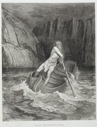 Charon, the Ferryman of Hell, från The Divine Comedy (Inferno) av Dante Alighieri (1265-1321) graverad av Stephane Pannemaker (1847-1930) c.1868 av Gustave Dore