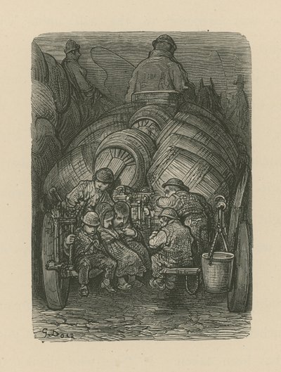 Barn som sitter på baksidan av en bryggerileveransvagn av Gustave Dore