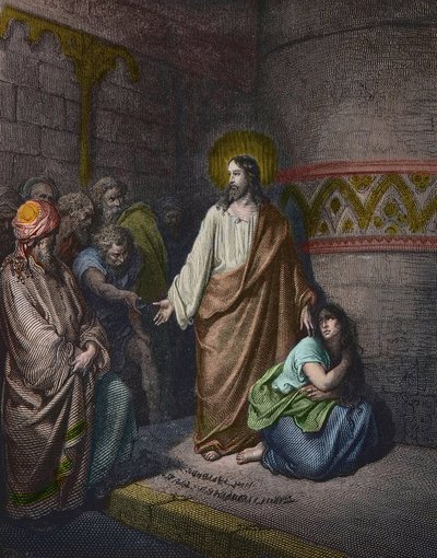 "" Kristus och den äktenskapliga kvinnan"" Illustration av Gustave Dore (1832-1883) - Jesus och kvinnan tagen i äktenskapsbrott - gravyr av Gustave Dore - senare färgläggning av Gustave Dore