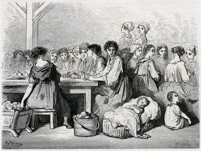 Cigarrer från Sevilla. Tillverkning av cigarrer, arbetare, tobak. Ritning av Gustave Dore som illustrerar "" Voyage en Espagne" av Charles Davillier av Gustave Dore