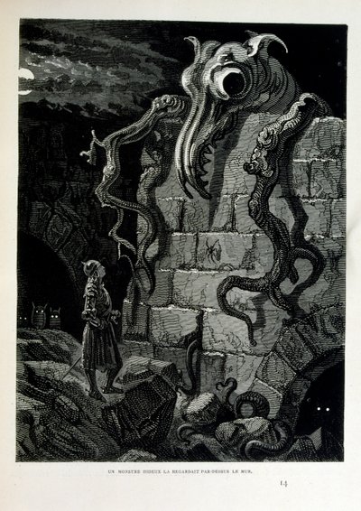 Croque-Mitaine; 1863 illustration, av Gustave Dore (1832 – 1883); Fransk konstnär, grafiker, illustratör. Croque-Mitaine (The bogeyman) en elak karaktär som presenteras för barn för att skrämma dem och på så sätt göra dem klokare. av Gustave Dore