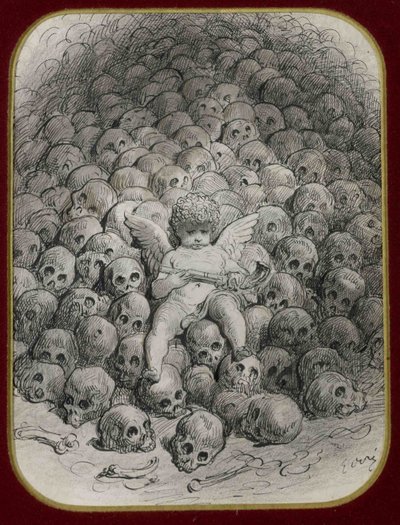 ""Cupid beväpnad med en pistol som sitter på ett berg av dödskallar"" (Amor med en pistol på toppen av ett berg av skalle) Bläck och teckning av Gustave Dore (1832-1883) Privat samling av Gustave Dore