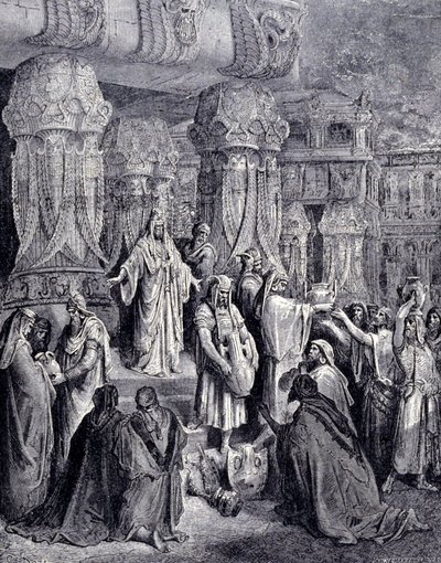 Cyrus II den store (580 f.Kr. - 530 f.Kr.) befriade de fångna folken vid hans ankomst till Babylon 539 f.Kr. och återlämnade till det judiska folket de heliga kärlen som hade tagits som byte i Jerusalems tempel. Gravyr av Gustave Doré. av Gustave Dore