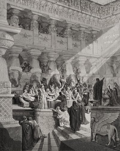 Daniel tolkar skriften på väggen, Daniel 5:25-28, illustration från Dores 