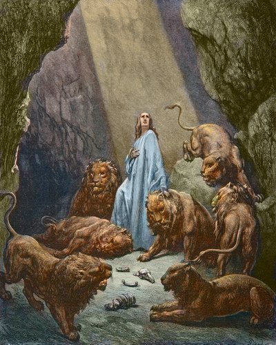 Daniel kastas in i lejonhålan - Daniel i lejonhåla - gravyr av Gustave Dore - senare färgläggning av Gustave Dore