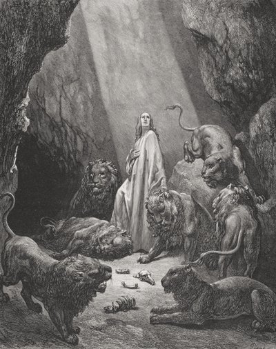 Daniel i lejonens håla, Daniel 6:16-17, illustration från Dores "The Holy Bible", graverad av Piaud, 1866 av Gustave Dore