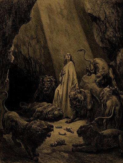 Daniel i lejonhålan, av Doré. - Bibeln av Gustave Dore