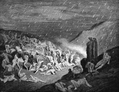 Dante Alighieri Inferno, första delen av hans Divina Commedia (Gudomliga komedin) 1863. Canto XIV: Tredje avdelningen i den sjunde cirkeln där tre typer av våld bestraffas: mot Gud, mot naturen och mot konsten. "Oupphörligt var den eländiga hanens spel av Gustave Dore
