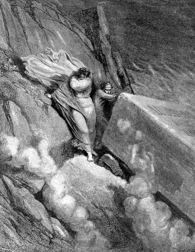 Dante och Vergilius vid kanten av avgrunden från vilken en ilsk lukt damp upp, 1863 av Gustave Dore