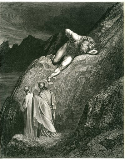 Dante och Vergilius möter Minotaurus. Gravyr ur Helvetet av Dante Alighieri (Den gudomliga komedin) illustrerad av Gustave Dore. Fransk utgåva från 1861. "E in su la punta della rotta lacca/L
