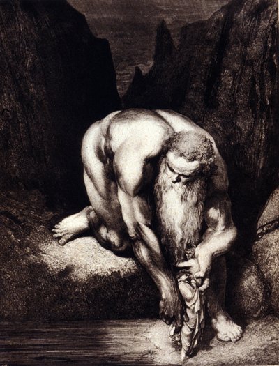 Dante och Vergilius möter jätten Antaeus. Ill. för den gudomliga komedin av Dante Alighieri av Gustave Doré. av Gustave Dore