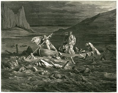 Dante och Vergilius seglar, ledda av Nocher Phlegyas, på Styx där dammar vadar, som försöker klättra upp i båten. Gravyr ur Helvetet av Dante Alighieri (Den gudomliga komedin) illustrerad av Gustave Dore. Fransk utgåva från 1861. "Segando se ne av Gustave Dore