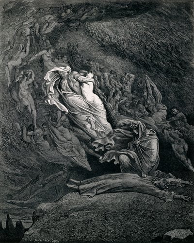 Dante och Vergilius med Paolo och Francesca, Illustration to Inferno, Canto V of Divine Comedy, av Dante Alighieri (1265-1321), av Gustave Dore (1832-1883) av Gustave Dore