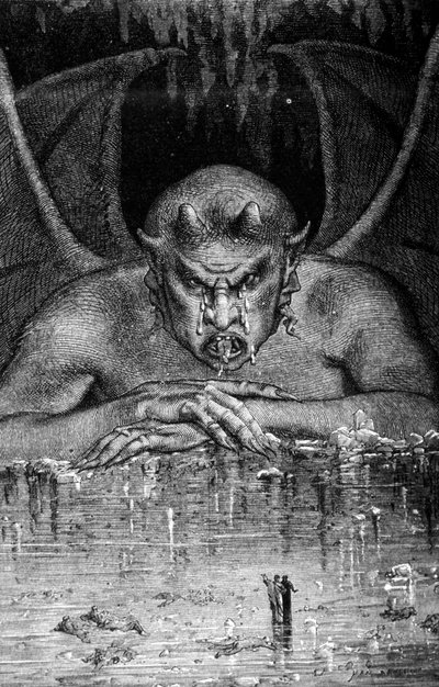 Dante et Virgil travers les enfell i Den gudomliga komedin av Dante Alighieri (1265 - 1321): Satan slukar danserna. Gravyr av Gustave Doré. 1800-talet. av Gustave Dore