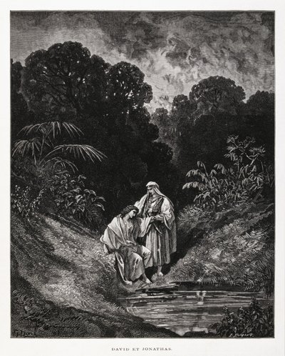 David och Jonathan, hjältefigurer i kungariket Israel, som ingick ett vänskapsförbund som finns nedtecknat i Samuelsböckerna, Illustration från Dore-bibeln av Gustave Dore