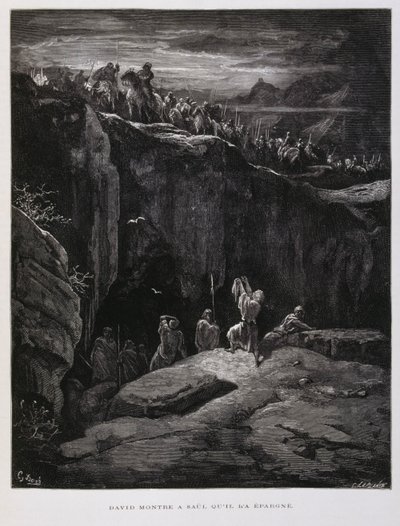 David erbjuder sitt svärd i lojalitet mot Saul, kung av Israel, Illustration från Dore-bibeln av Gustave Dore