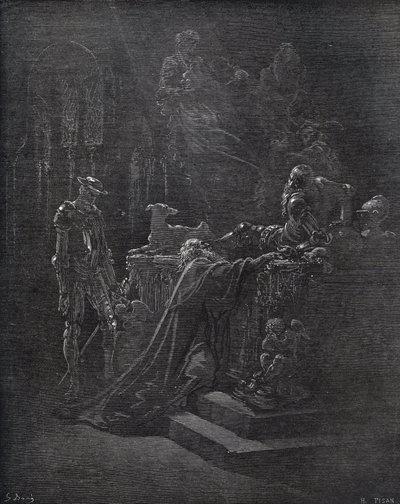 Don Quijote, Montesinos och Durandarte, i Montesinos grotta - från "" Don Quixote de la Mancha"" av Miguel Cervantes (1547-1616) (Don Quijote) - Träsnitt efter teckning av Gustave Dore av Gustave Dore