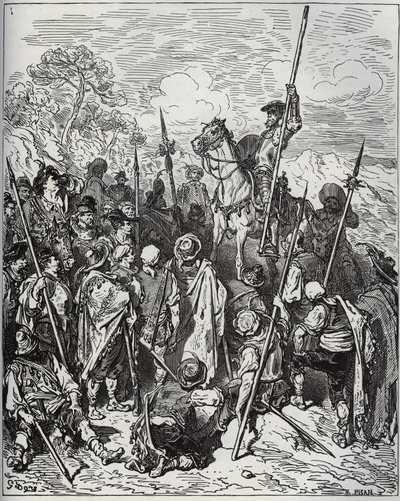 Don Quijote och Sancho med skvadronen av de brinnande byborna - från "Don Quijote de la Mancha"" av Miguel Cervantes (1547-1616) (Don Quijote) - Träsnitt efter teckning av Gustave Dore av Gustave Dore