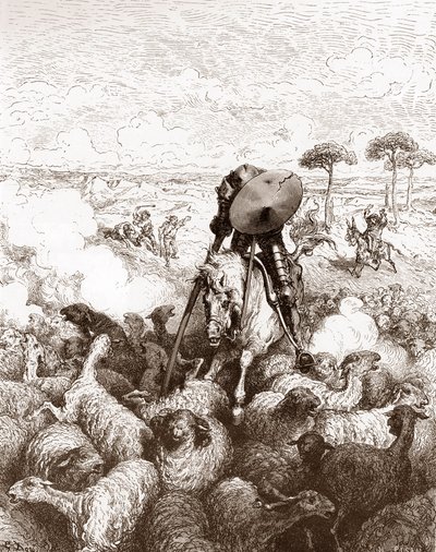 Don Quixot attackerar fårflocken Gravyr av Gustave Dore (1832-1883) för "The Ingenieux Hidalgo Don Quixote de la Mancha (Quixotte - Quijote)" av Miguel de Cervantes (1547-1616) 1863 Privat samling av Gustave Dore