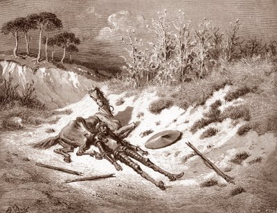 Don Quijote Efter sin misshandel efterlyser Quijote sin idealiska dam Dulcinea del Toboso Gravyr av Gustave Dore (1832-1883) för "The Ingenieux Hidalgo Don Quijote de la Mancha (Quixotte - Quijote)" av Miguel av Cervantes (1547-16316) 1863 Privat samling av Gustave Dore
