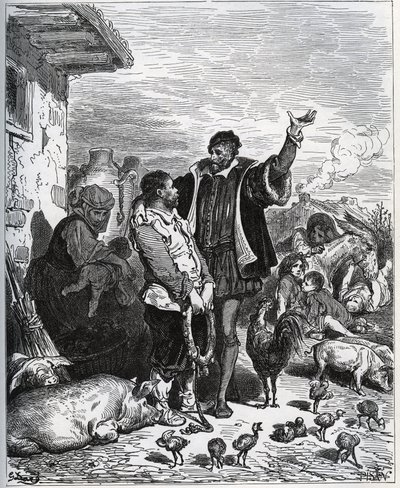 Don Quijote överlåter sin granne Sancho Panza att vara hans ecuyer - från "Don Quixote de la Mancha"" av Miguel Cervantes av Gustave Dore