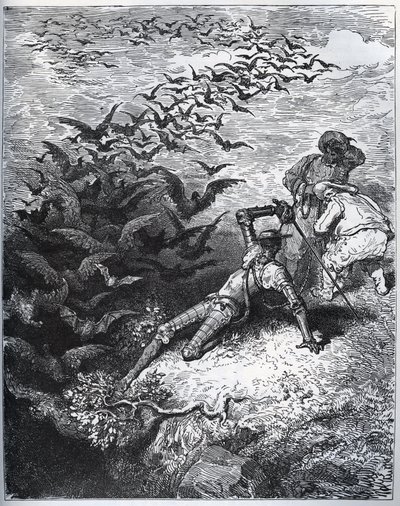 Don Quijote a la cave de Montesinos - Ett oändligt antal kråkor och torn flyger ut ur Montesinos grotta och slår Don Quijote till marken (II, 22) - från "" Don Quixote de la Mancha"" av Miguel Cervantes (1547- 1616) (Don Quijote) - Träsnitt efter teckning av Gustave Dore