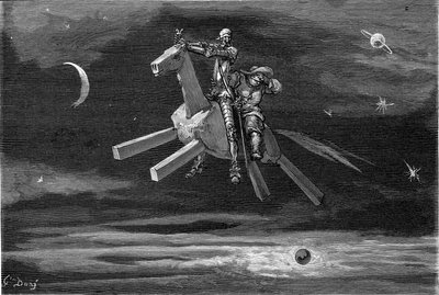 Don Quijote och Sancho Panca (Panza) på himlen, mellan månen och stjärnorna, ridande på trähästen Clavilegne. Gravyr av Gustave Dore som illustrerar 1869 års Hachette-utgåva av boken "L